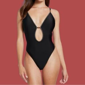 NWT-Shade & Shore Plunge Bead Detail Extra High Leg One piece bathing suit.